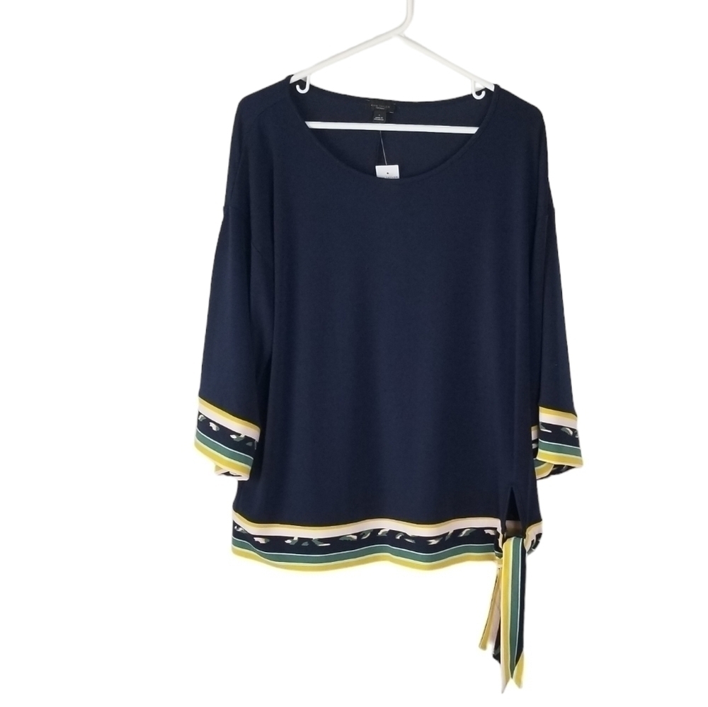 NWT Ann Taylor Navy Tie Waist 3/4 Sleeve Stretch Pullover Blouse Size L